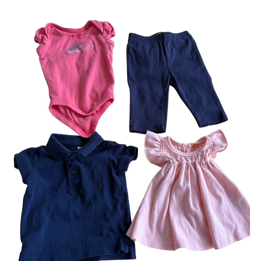 H&M Lucky Brand Gymboree Baby Girl Bundle Navy Pink Preppy Cotton 0-6M 4pc Set